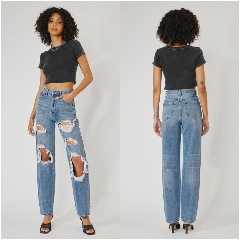 KANCAN High Waisted Straight Ripped Distressed Jeans